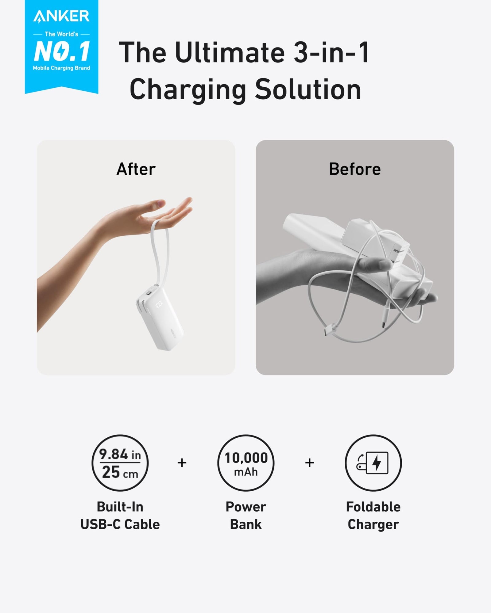 Power Bank (10K, Fusion, Built-In Cable)